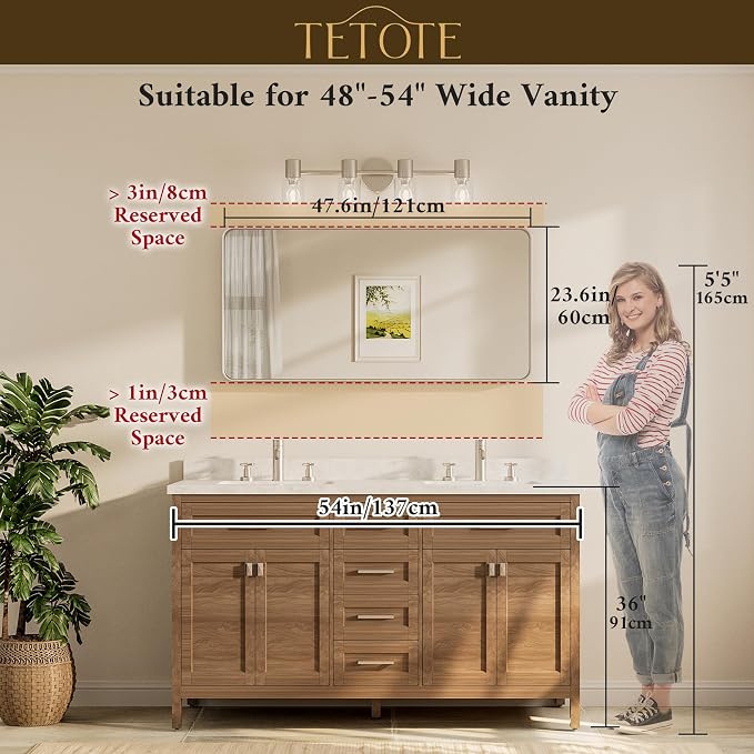 TETOTE 48 x 24 Inch Brushed Gold Frame Mirror, Brass Bathroom Vanity Mirror - Image 8