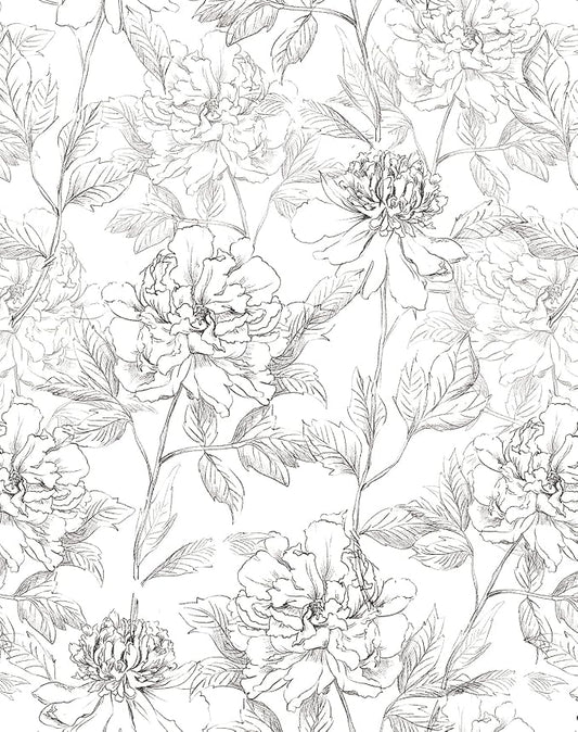 JiffDiff Black and White Floral Wallpaper 17.3" x 394" Peonies Removable Peel by wallpaper
