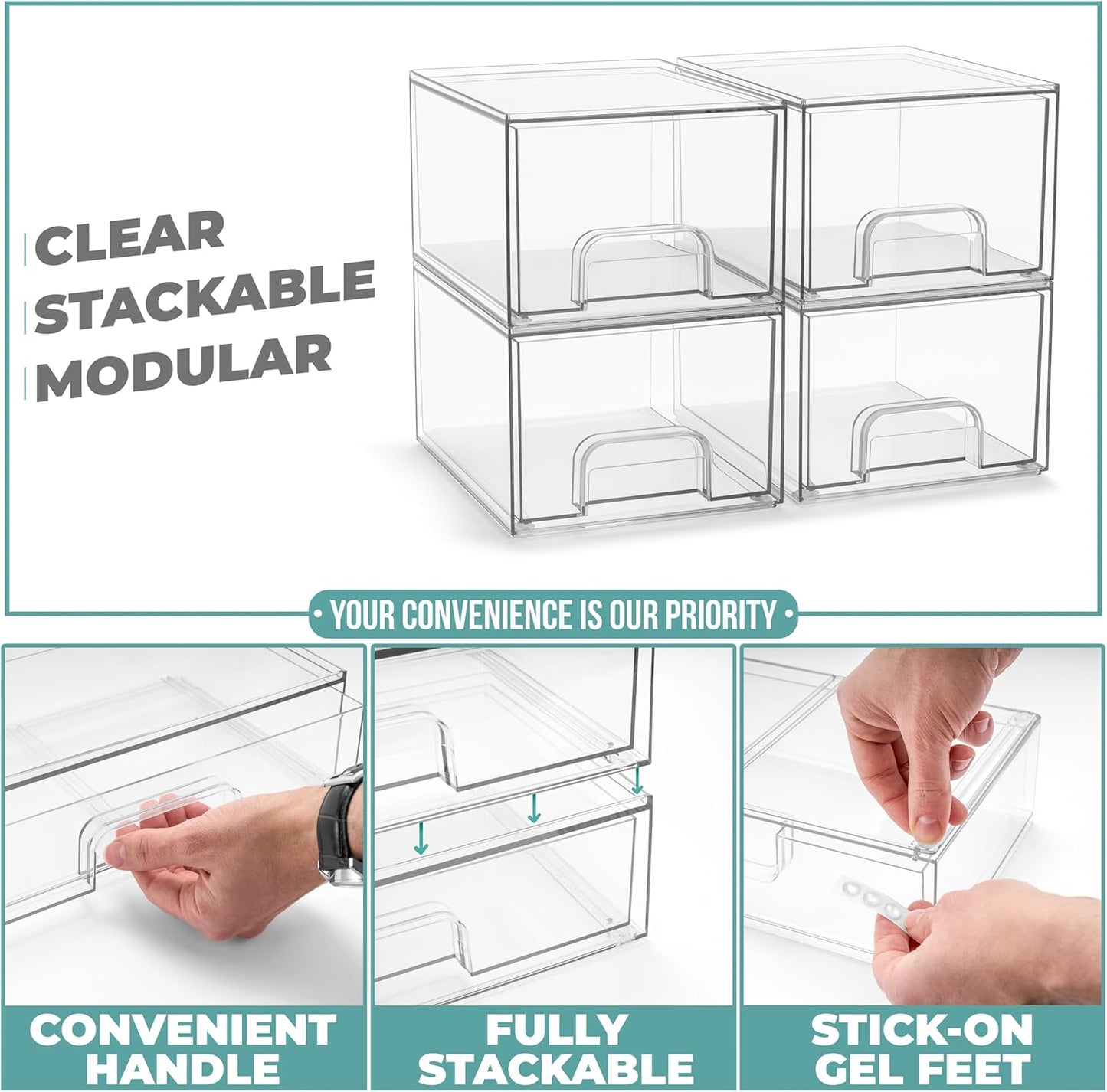 Sorbus Acrylic Storage Containers - 4 Pack, Stackable Storage Bins Set for Bathroom Organization - Clear Acrylic Drawer Organizers - Makeup Case Pull-Out Drawers (4.4’’ Tall)