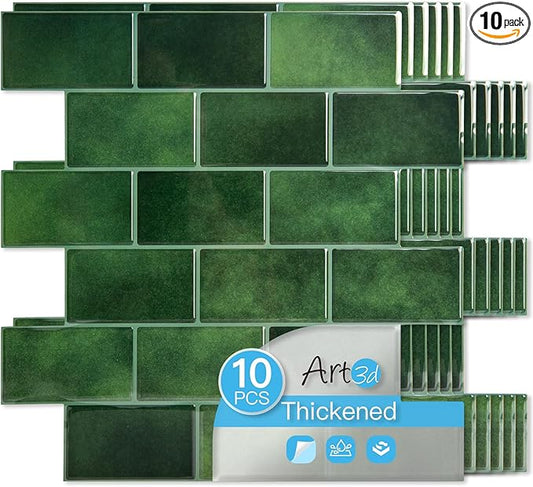 Art3d Peel and Stick Green Wall Tiles – 12"x12" Thicker Design Backsplash by Art3d