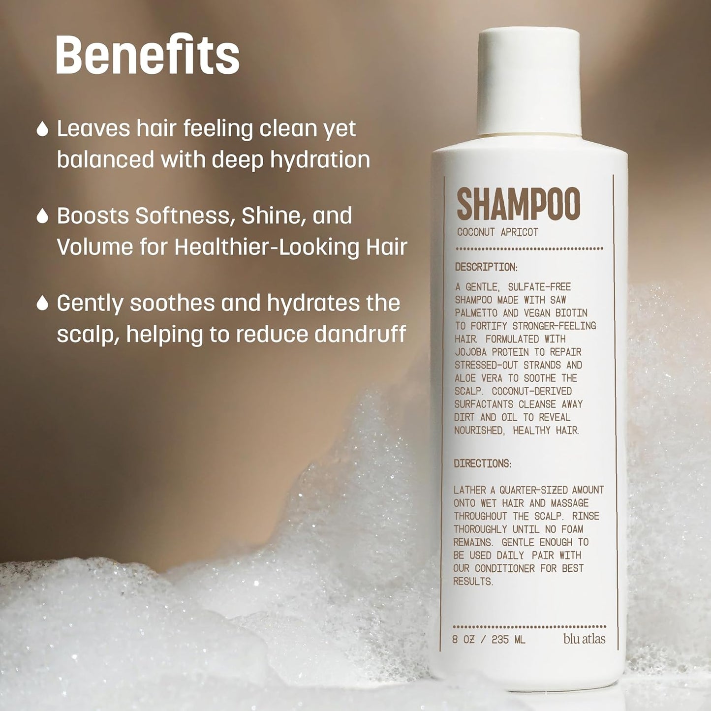 Blu Atlas Men's Natural Shampoo – Organic, Sulfate-Free, Paraben-Free – Deep Cleansing & Hydrating – Coconut Apricot Scent – Made in America – 8 oz