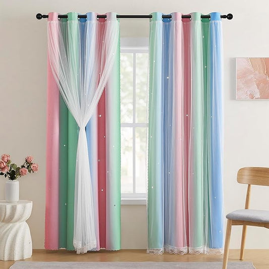 XiDi Pink & Rainbow Curtains for Kids & Girl Rooms by Addsomecolortolife