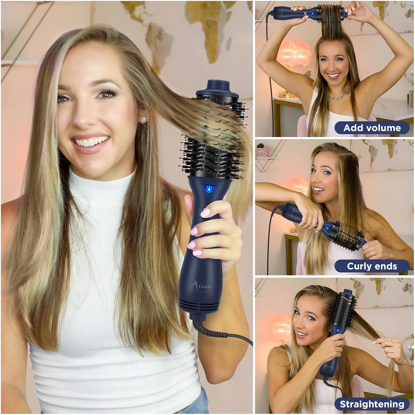 One Step Hair Dryer & Volumizing Brush, Aima Beauty Hair Styling Tool - Ceramic Straightener, Curler, Hot Air Styler & Ionic Salon Brush, Prussian Blue