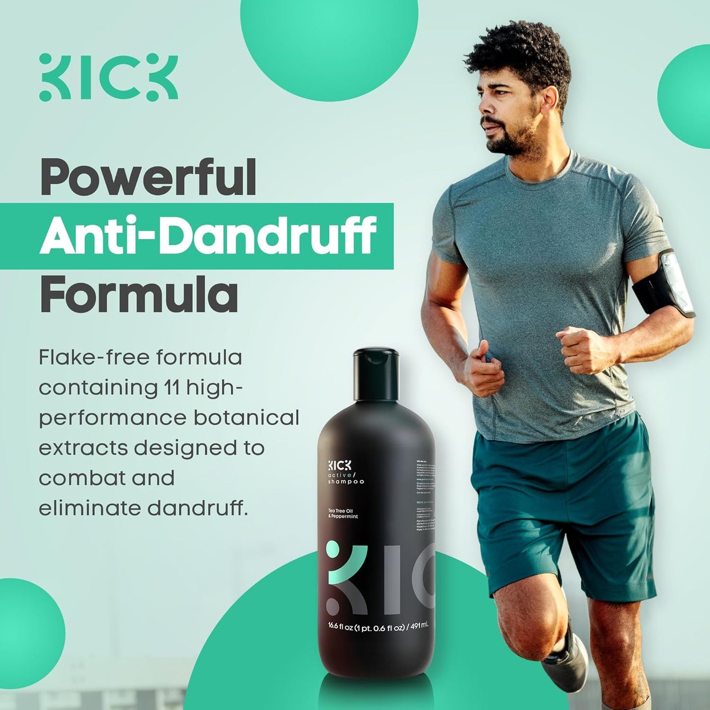 Kick Mens Shampoo - Peppermint & Tea Tree for Oil Control - Sulfate-Free, Refreshing Formula - Anti-Dandruff and Scalp Soothing - Shampoo for Oily Hair - Cruelty-Free - 16.6oz