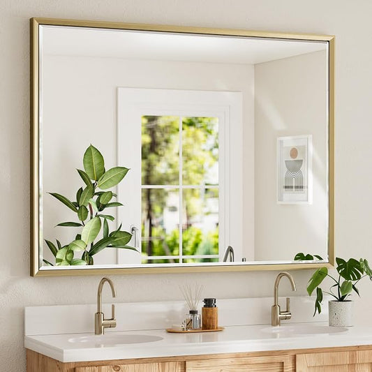 48 x 36 Gold Bathroom Mirror, Brushed Gold Beveled Bathroom Mirror, by QUEENFUN