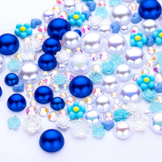 160g Blue White Flat Back Pearls Rhinestones with Gel for Crafts Mixed Size 3mm-10mm AB Color Round Half Pearls Flatback Pearl Beads and Resin Rhinestones Set for Face Art