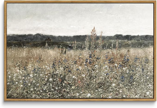 InSimSea Framed Canvas Wall Art Vintage Decor, Wildflower Field Vintage Wall by InSimSeaArt