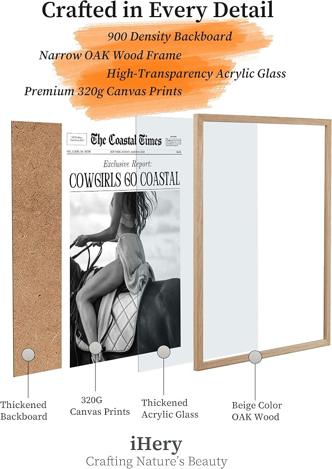 iHery Cowgirls Go Coastal Framed NewsPaper Canvas Wall Art, Natural OAK Wood - Image 4