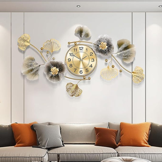 Wall Clocks for Living Room Decor, Large Wall Clock, 3D Creative Metal Ginkgo by Axioglo