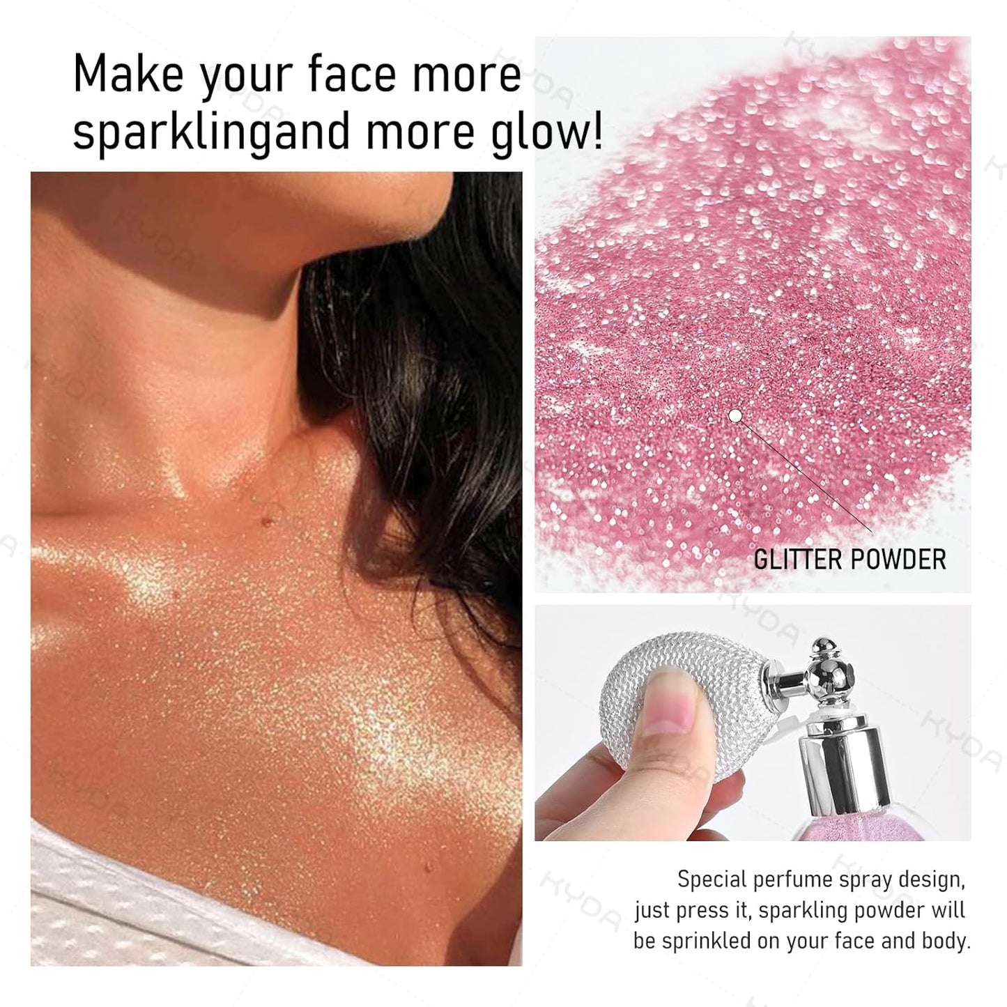 KYDA Highlighter Powder Spray, High Glossy Shimmer Sparkling Powder for Face and Body Glitter Makeup, Body Glitter Spray, Green
