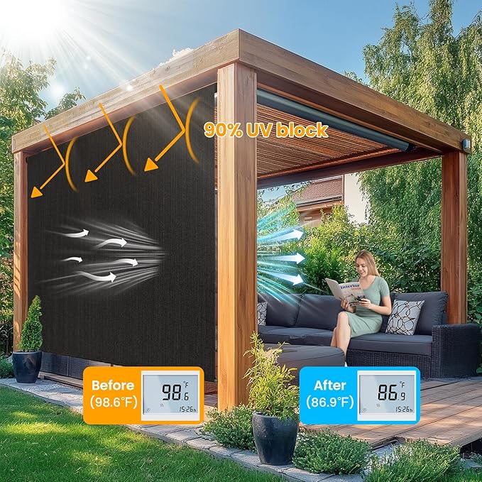 8'W x 6'H Black Patio Shades Roll up Outdoor Roller Shade Crank Wand Blind - Image 2