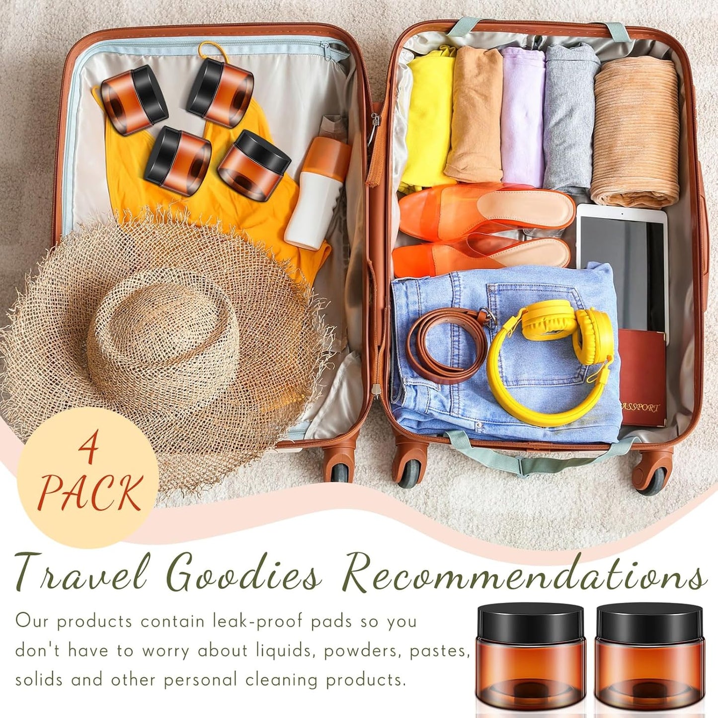 Patelai 4 Pieces Round Wide-mouth Leak Proof Plastic Container Jars with Lids for Travel Storage Makeup Beauty Products Face Creams Oils Salves Ointments DIY Making(4 Ounce,Amber)