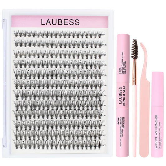 Lash Extension Kit LAUBESS Lash Clusters Kit Cluster Eyelash Extensions Kit Eyelash Clusters Lash Bond and Seal Waterproof Tweezers Brush Lash Glue Remover (Kit 20D-D-Mix9-16)