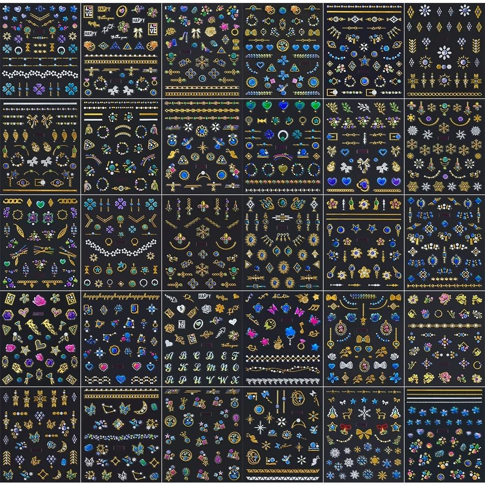 30 Sheets Gem Star Nail Stickers 3D Self Adhesive Luxury Blue Gems Theme Nail Art Charms Sticker Decals for Crafts Supplies Accessories (ST-BG)