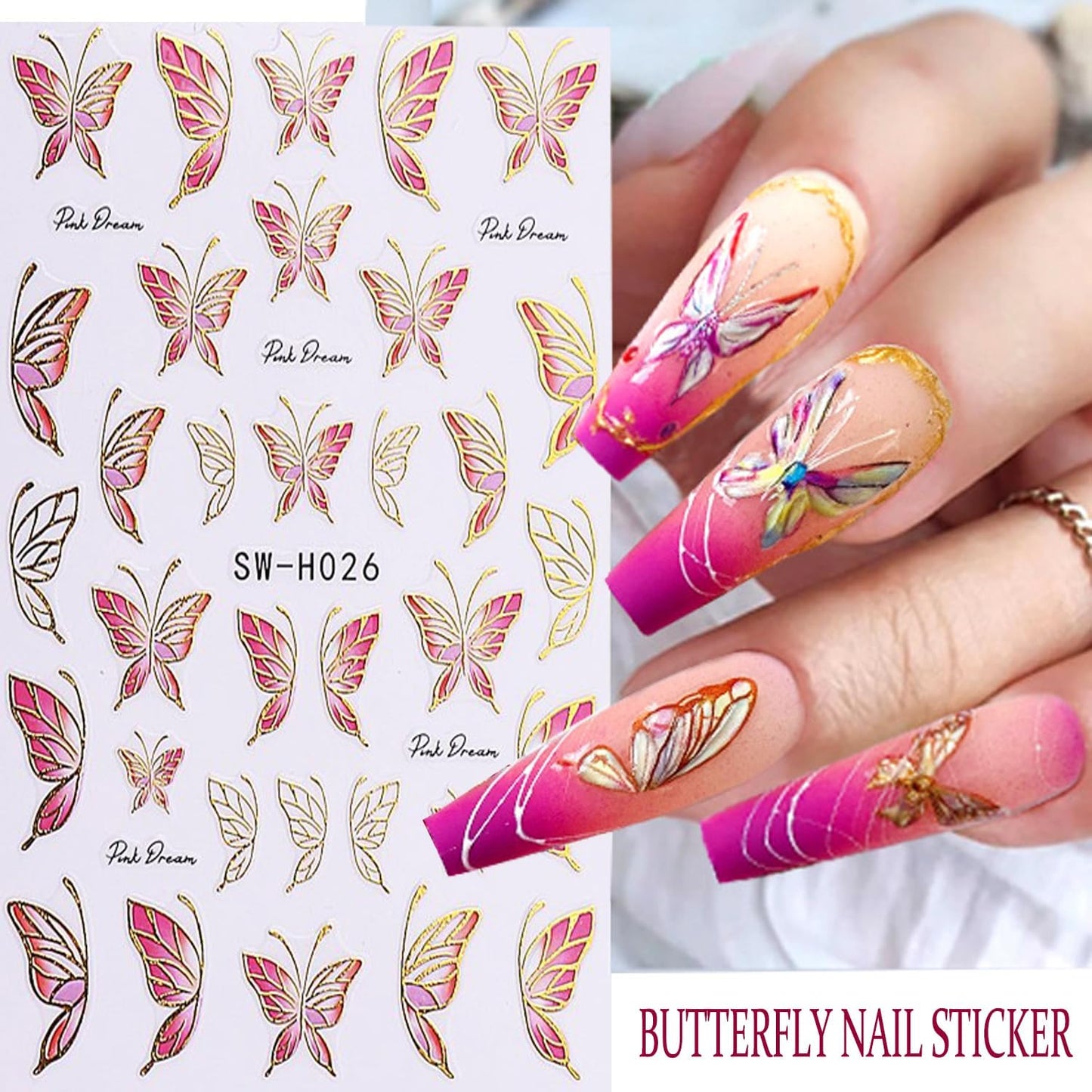 Flower Nail Art Stickers 3D Self-Adhesive Nails Sticker Butterfly Nail Art Decals Holographic Golden Floral Butterfly Nail Decal Decoration for Women Blue Blossom Manicure DIY Nail Sticker Supplies