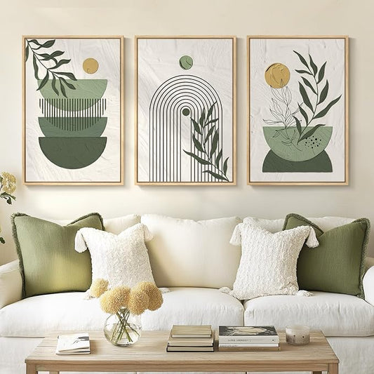 Framed Sage Green Boho Wall Art Bedroom, 3 Piece Bohemian Botanical Paintings by Cuspin