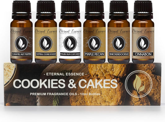 Eternal Essence Oils Cookies & Cakes Set of 6 Premium Fragrance Oils - Includes Caramel Nut Muffin, Oatmeal Cookie Dough, Malibu Rum Cupcakes, Maple Pecan, Snickerdoodle, and Cinnabon - 10ML