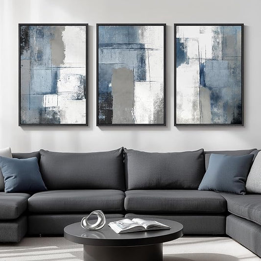 Large Framed Blue and Grey Abstract Wall Art, 3 Piece Modern Canvas Prints by Cuspin