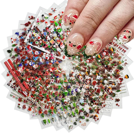30 Pcs Christmas Nail Sticker 3D Self- Adhesive Nail Decals with Cute Penguin Deer Snowman Snowflake Elk Santa Claus Design Xmas Nail Art Stickers for Women Winter Holiday Nail Sticker(Christmas)
