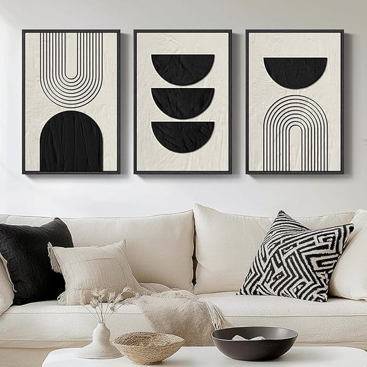 Framed Boho Black and White Abstract Wall Art, 3 Piece Modern Beige Canvas by Cuspin