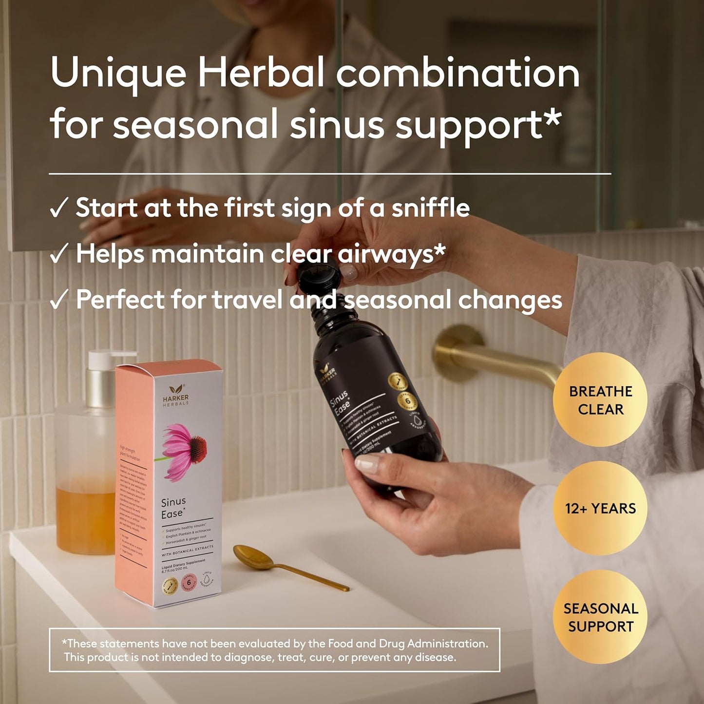 Sinus Ease, Herbal Seasonal Sinus Support with Horseradish, Elderflower, Echinacea & Ginger Root, Liquid Absorption, Herbal Flavor, Alcohol-Free, Plant-Based 6.7 fl oz