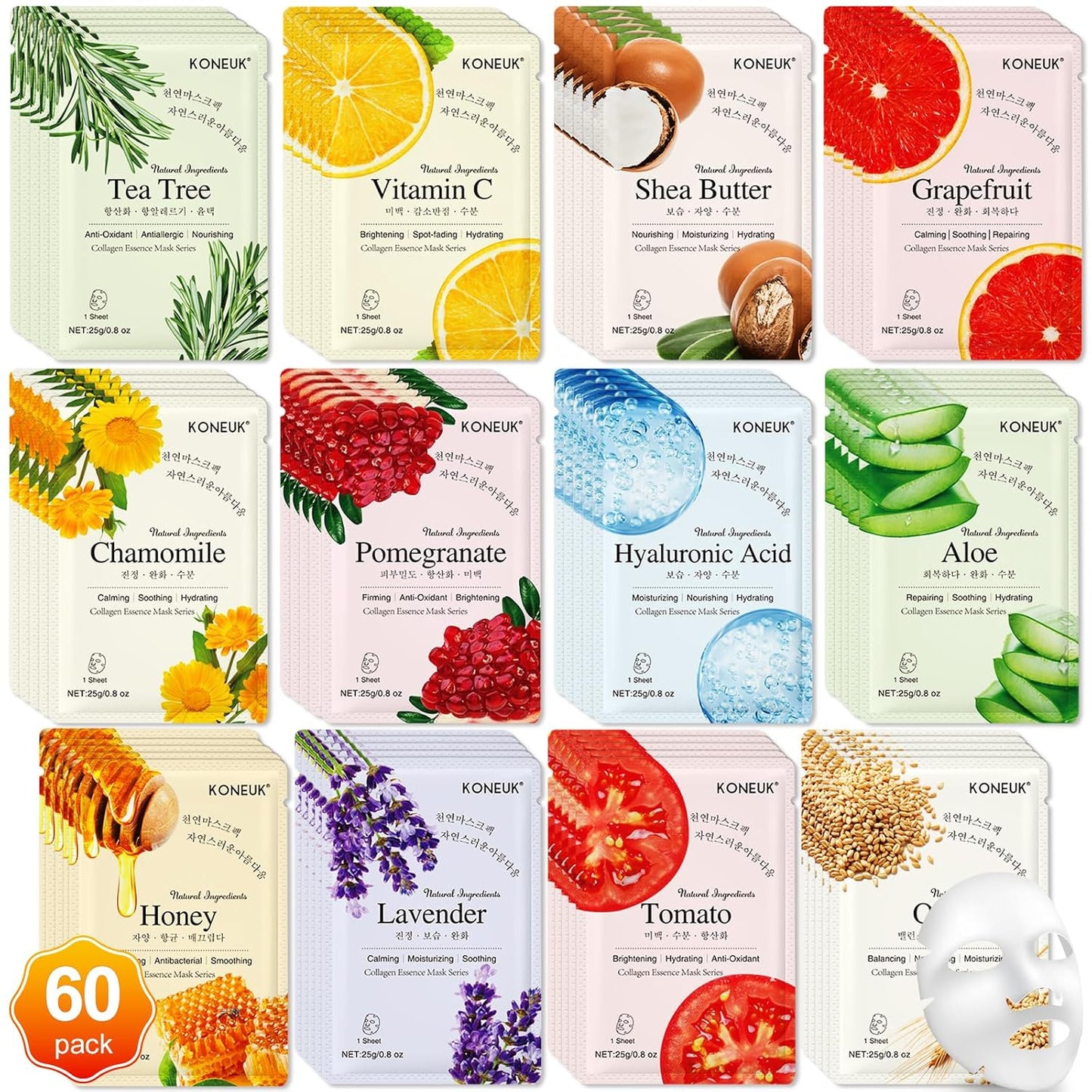 60 Pack Collagen Essence Face Masks Skincare for Women, Hydrating Sheet Face Masks Suitable for Dry and Sensitive Skin, Bulk Facial Masks for Women Skin Care, Face Mask Gifts Set for Spa Party