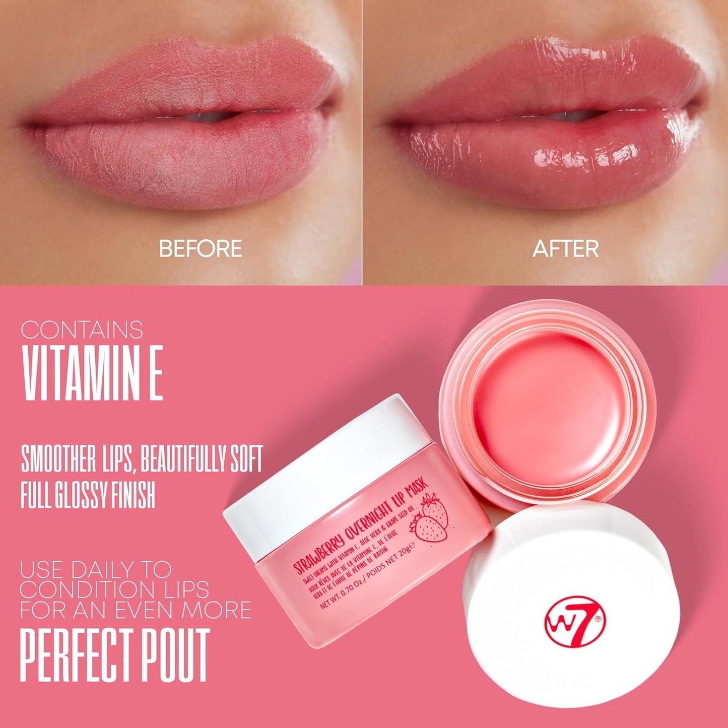 W7 Sweet Dreams Strawberry Lip Mask - Vitamin E, Aloe Vera and Grape Seed Oil - For Hydrated, Full Looking & Irresistible Lips - 0.67 Fl Oz