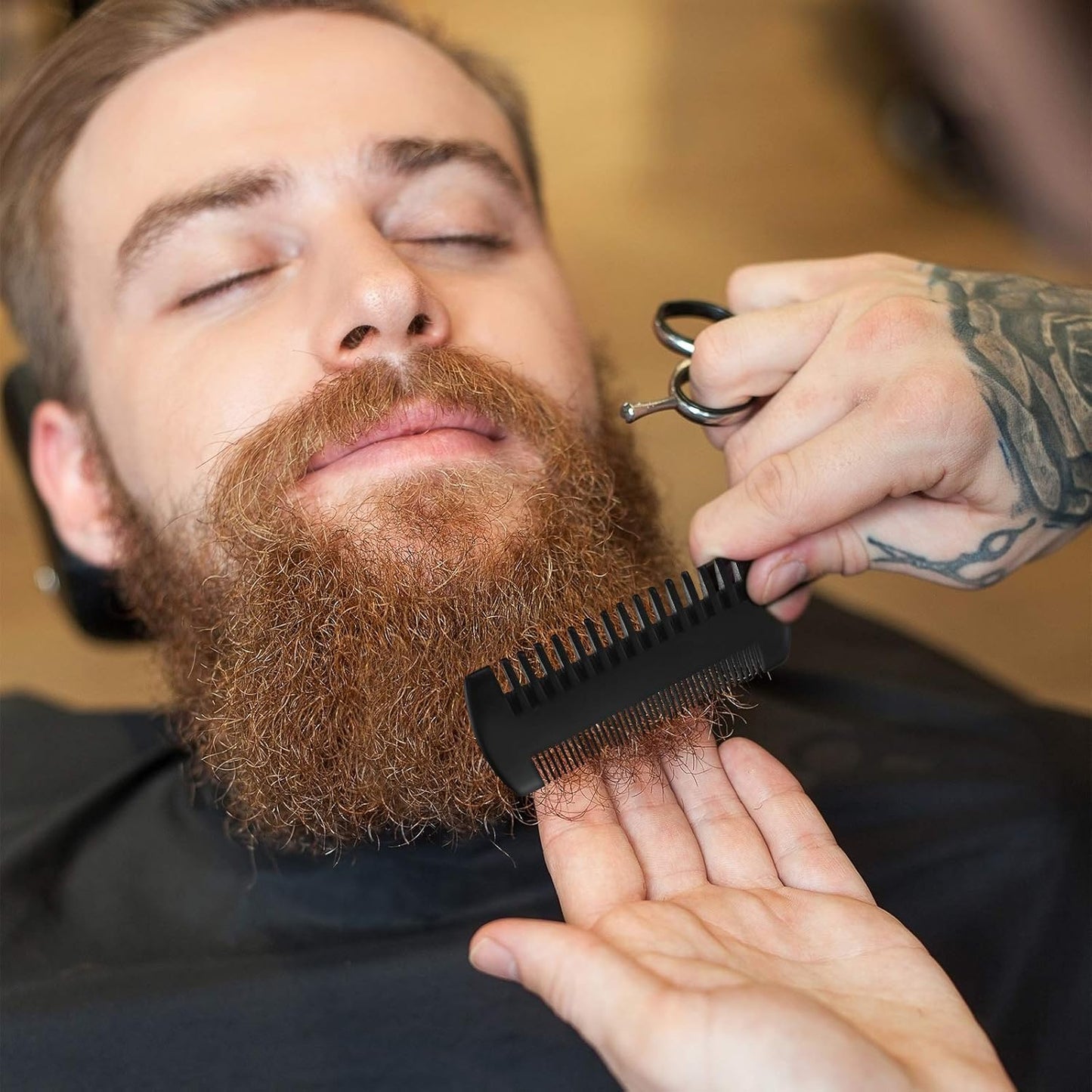 Natural Sandalwood Wooden Dual Action Beard and Mustache Comb Set with Leather Cases for Beards and Mustaches (Black, Yellow, Brown)