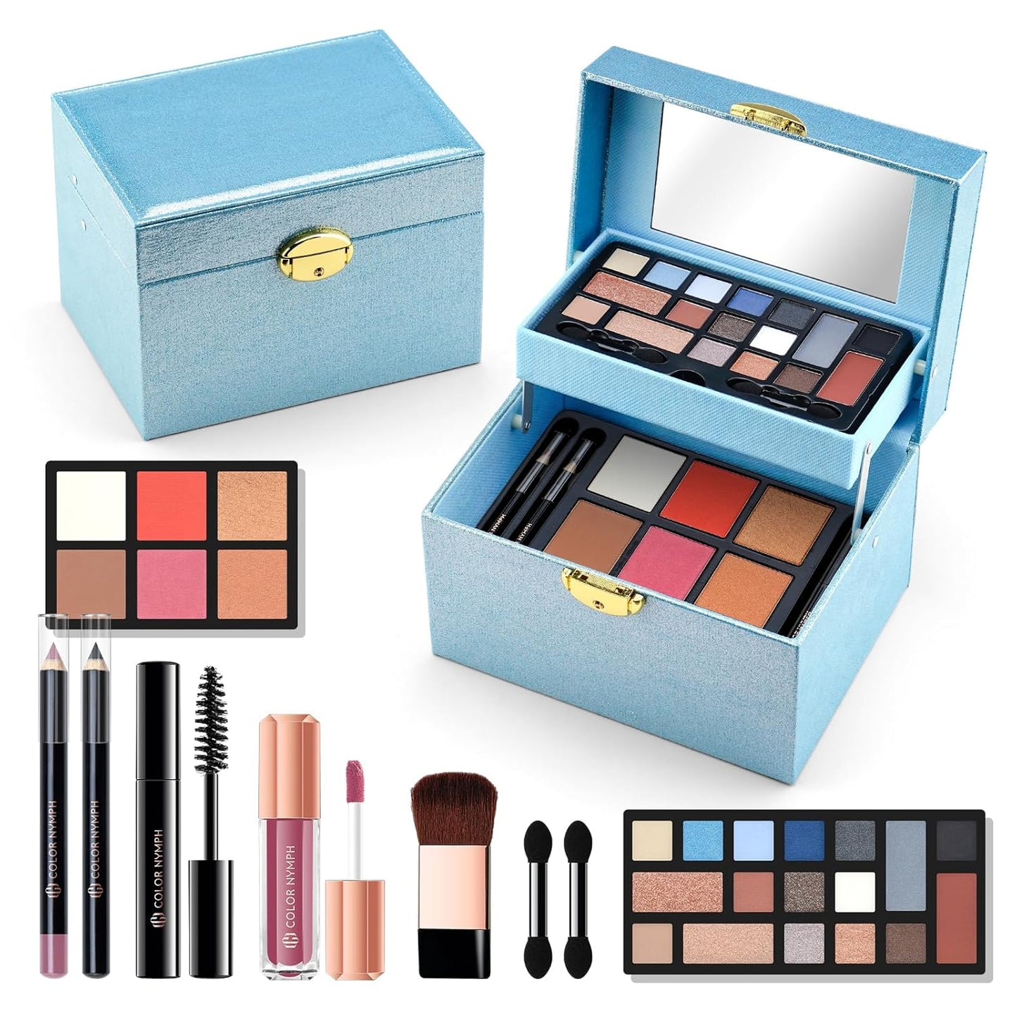 Color Nymph Beginner Makeup Kit For Teens, Girls Makeup kits With Recyclable And Key-Lockable Cabinet Included 17-Colors Eyeshadows Blushes Bronzer Highlighter Lipstick Brushes Mirror(Blue)