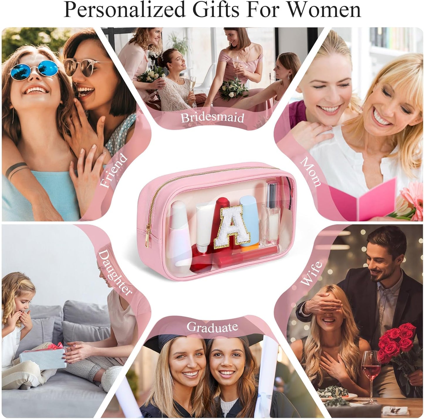 YOOLIFE Travel Toiletry Bag for Women, Pink Clear Makeup Bag Cute Make Up Bag for Women Cosmetic Bags Skin Care Makeup Bag Organizer Birthday Gifts for Women Teacher Mother Girlfriend Initial H