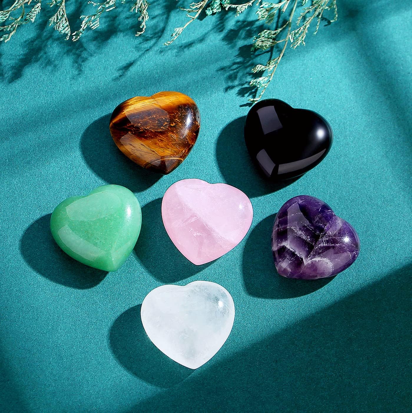 QINJIEJIE 3 PCS 1.2" Large Heart Crystals Rose Quartz Clear Crystal Green Aventurine Healing Natural Love Heart Shape Stones Polished Thumb Gemstones Therapy Reiki Energy Balancing Gifts