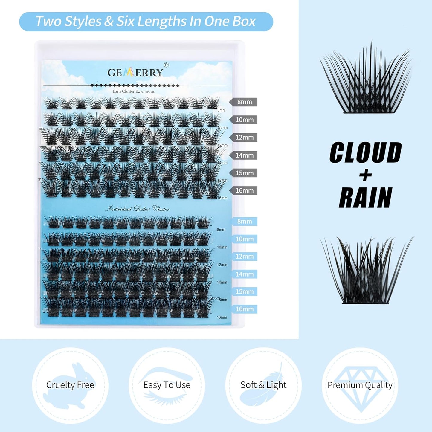 Cluster Lashes GEMERRY Lash Clusters 144 PCS Individual Lashes Two Styles Eyelash Clusters Wide Stem Soft Comfortable Lash Extension Clusters DIY at Home(Cloud/Rain-0.07-D-8-16MIX)