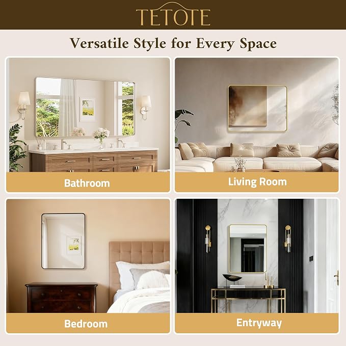TETOTE 60 x 36 Inch Mirrors for Bathroom, Brushed Brass Gold Vanity Mirror - Image 6
