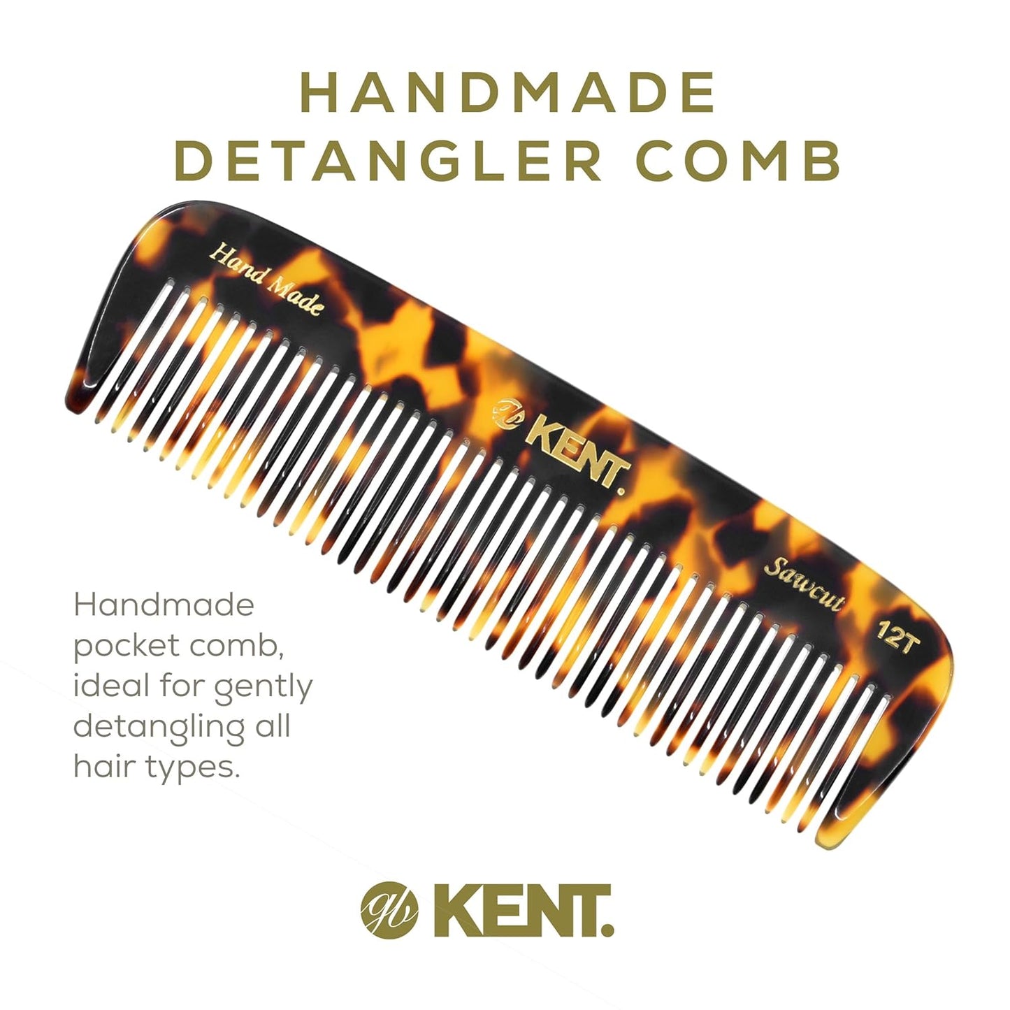 Kent 12T TY Wide Tooth Detangling Pocket Comb - Handmade for Thick, Curly, and Wavy Hair, Large Tooth Grooming Comb for Hair, Beard, and Mustache - Saw-Cut
