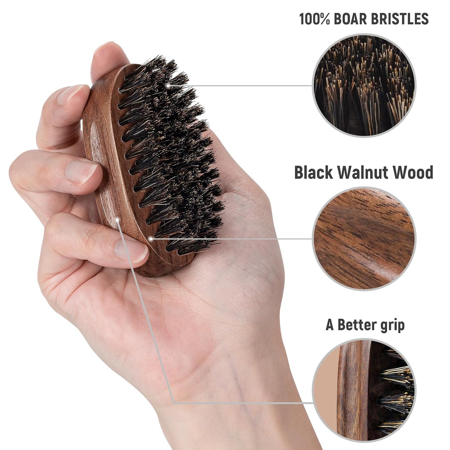 BFWood Small Travel Beard Brush - Natural Boar Bristles with Black Walnut Wood