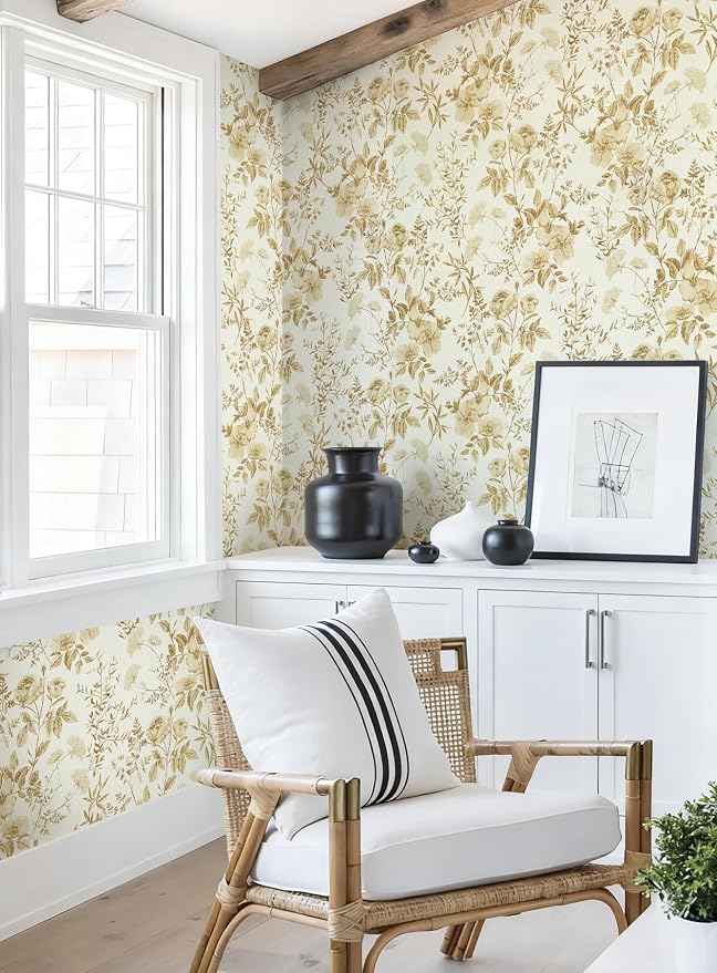 Erfoni 16.9" x394" Yellow Brown Floral Peel and Stick Wallpaper Boho Floral - Image 7
