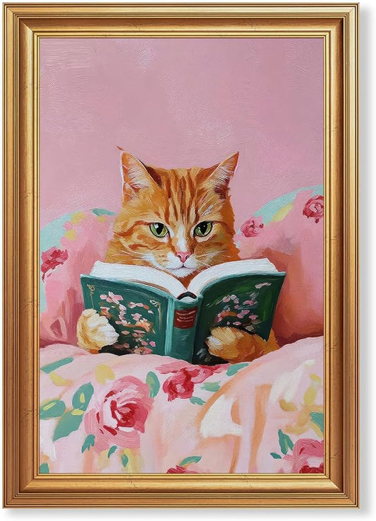 Fantasy Artists Gold Framed Wall Art Prints, Cute Orange Cat Reading a Green by Unknown