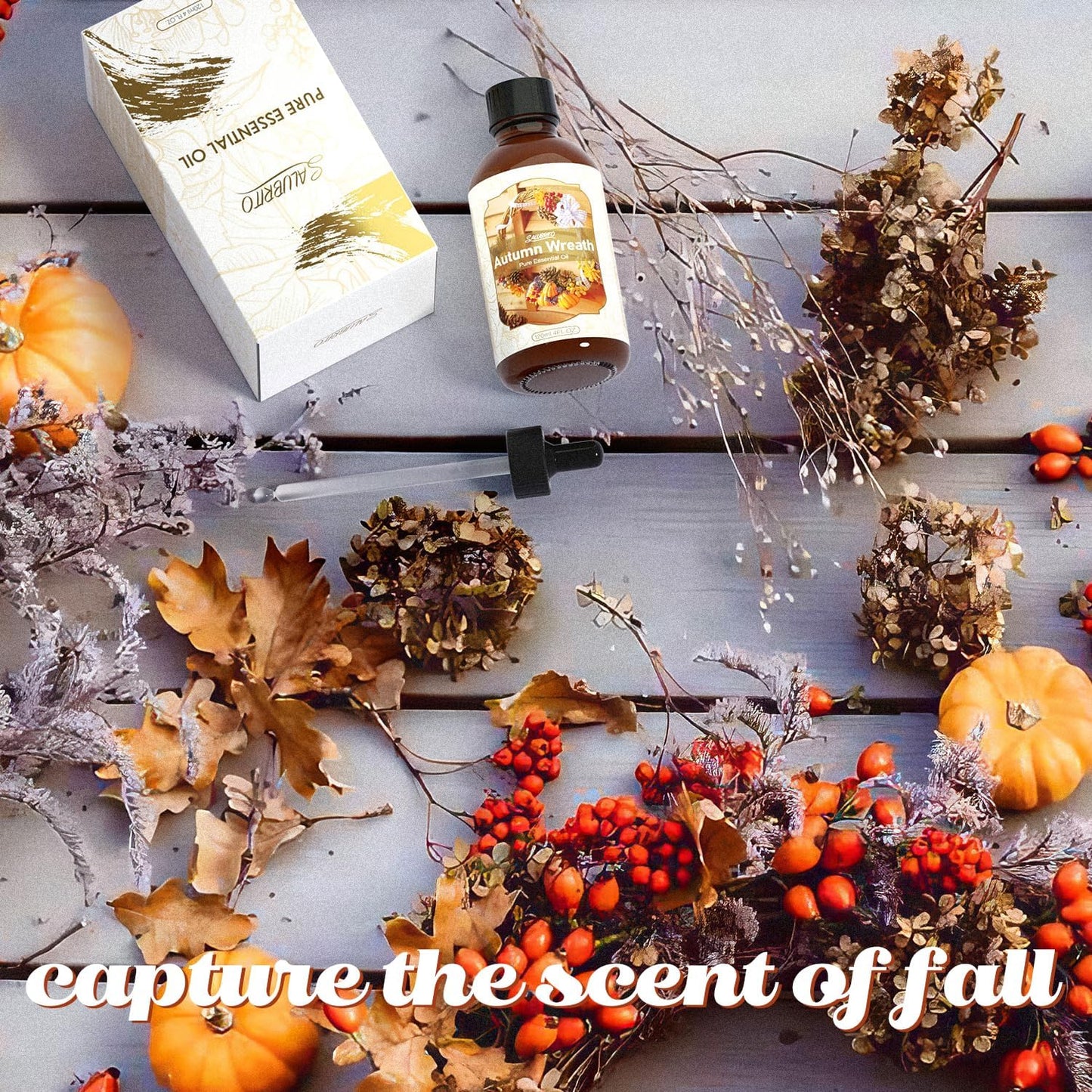 SALUBRITO Fall Essential Oil 4 Fl.Oz (120ml) - Autumn Wreaths Fragrance Oil, Strong Scented Autumn Scented Oil for Diffuser, Candle, Soap Making, Massage