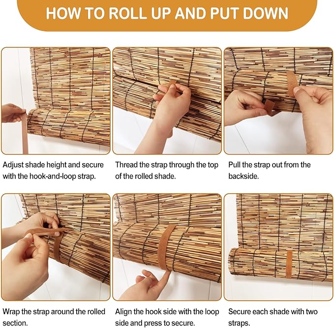 DoubleFill 3 Pcs Bamboo Shades Outdoor Reed Roll Up Blinds 48" W x 72" H - Image 3