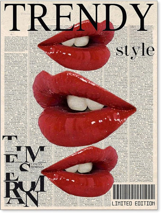 jkahh Trendy Y2k Newspaper Wall Art Vintage Red Lips Kiss Prints Poster Fashion by Unknown