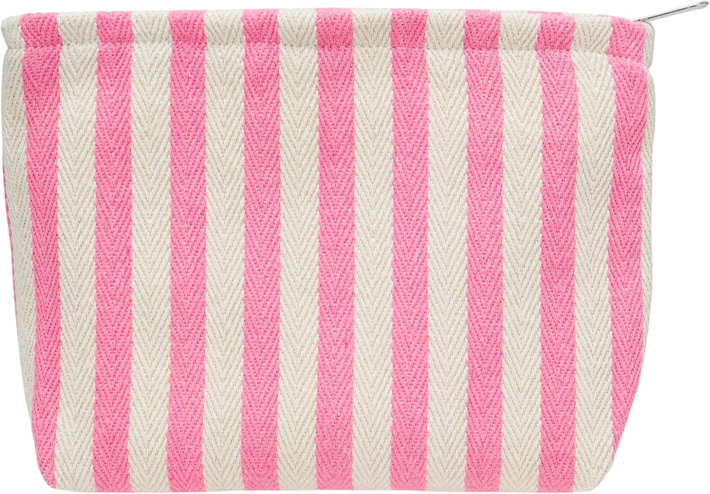 Makeup Bag Large Cotton Zipper Pouch for Purse Travel Canvas Make Up Organizer for Women Cosmetic,Stripe Pink