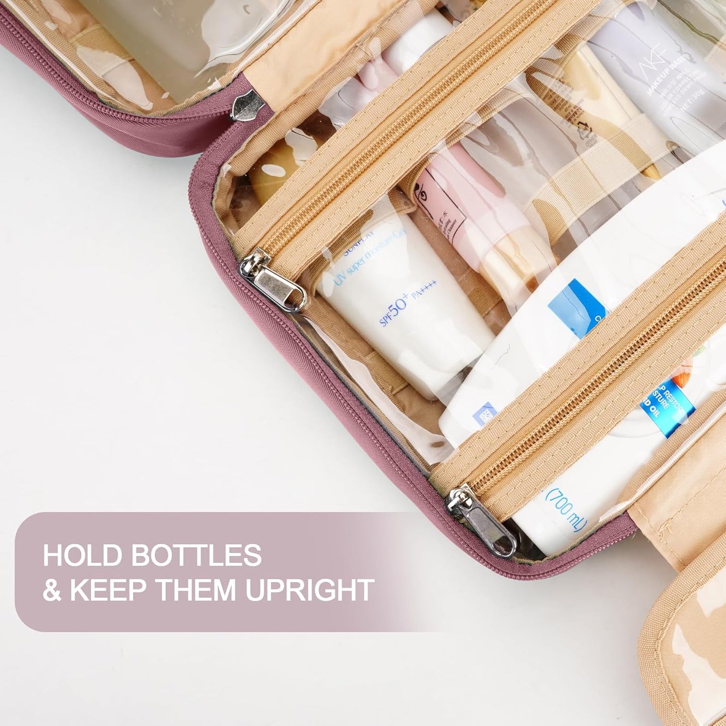 Travel Hanging Toiletry Bag for Women and Men, with 8 Leak Proofing Silicone Bottle Covers, Waterproof Makeup Accessories, Cosmetic Essentials, Toiletries Dopp Kit Set with Jewelry Organizer, Purple