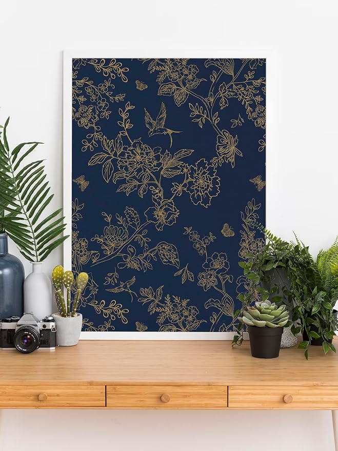Froluya Dark Blue and Gold Vintage Floral Peel and Stick Wallpaper 17.7"x393.7" - Image 9