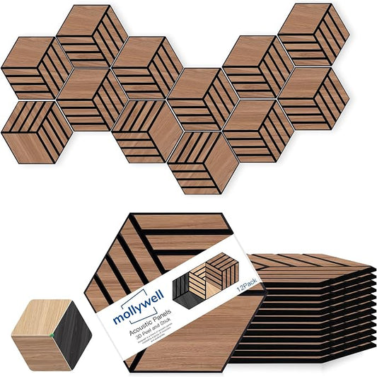 Mollywell Acoustic Panels, PVC Wood-Grain, 14x12 Inch Hexagon Carved Sound by Mollywell