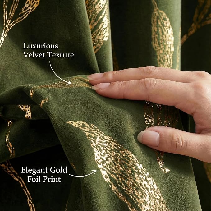 NICETOWN Leaf Patterned Green Velvet Curtains 96 inches Long 2 Panels Gold Foil - Image 5