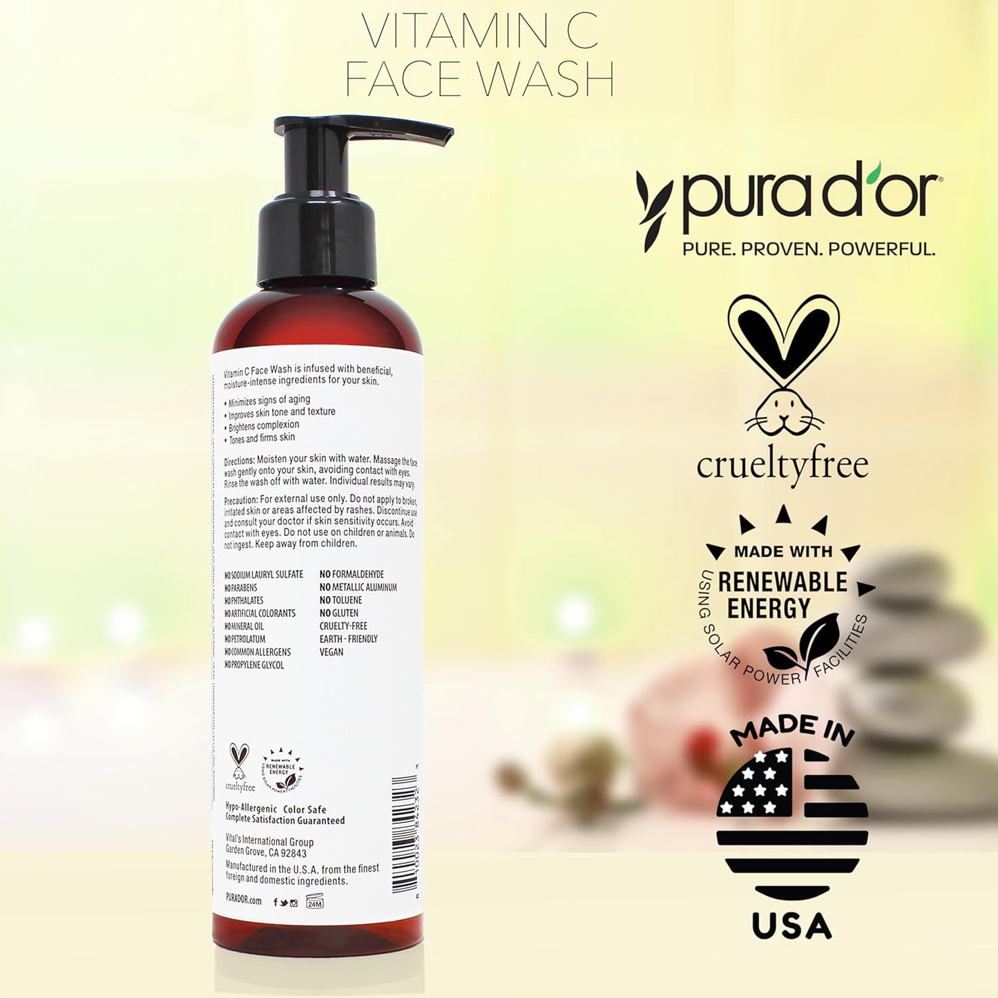 PURA D'OR Vitamin C Face Wash (8oz x2 = 16oz) Antioxidant Rich Facial Cleanser For Radiant Glow & Even Skin Tone - Gentle, Refreshing, Nurturing, Hydrating, Sulfate & Paraben Free Formula