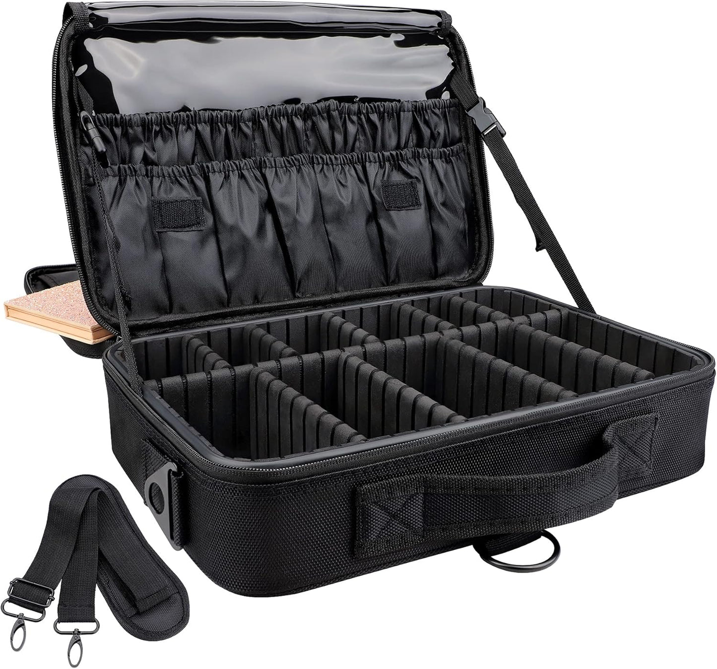 JOURMON Travel Makeup Case 3 Layers Makeup Train Case Portable Makeup Bag Organizer Portable Artist Storage Bag with Adjustable Dividers and Shoulder Strap（Black, M）