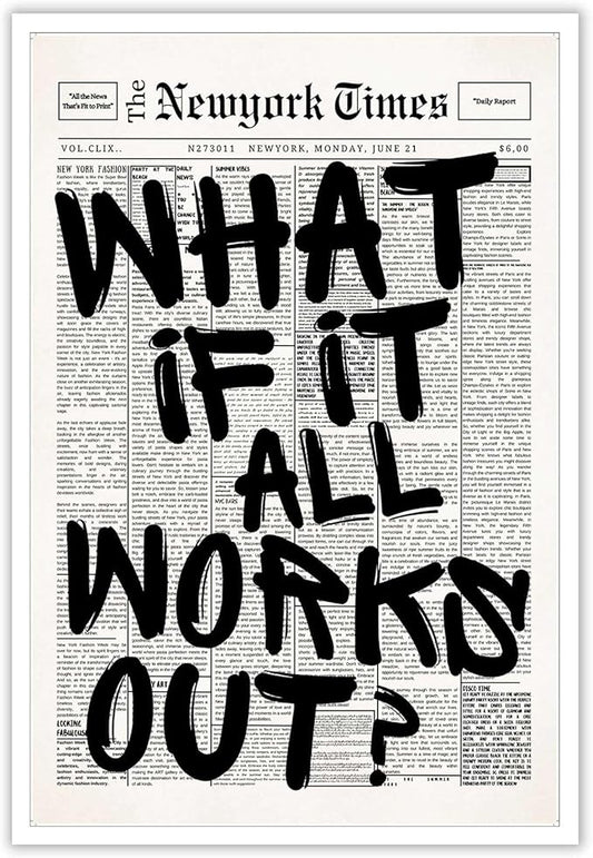 Retro Black And White Newspaper Poster What If It All Works Out Canvas Wall Art by Drimiler