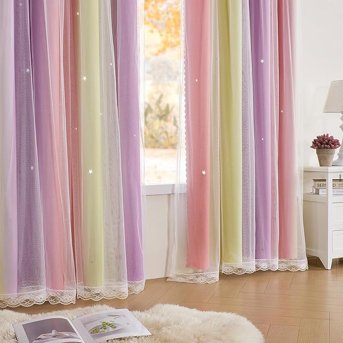 XiDi Curtains for Bedroom Decor, Rainbow Pink PurpleYellow52/54/1 - Image 4