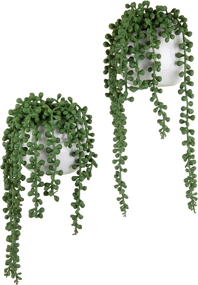 MyGift Artificial Faux String of Pearls Plants in White Ceramic Wall Hanging by MyGiftHome